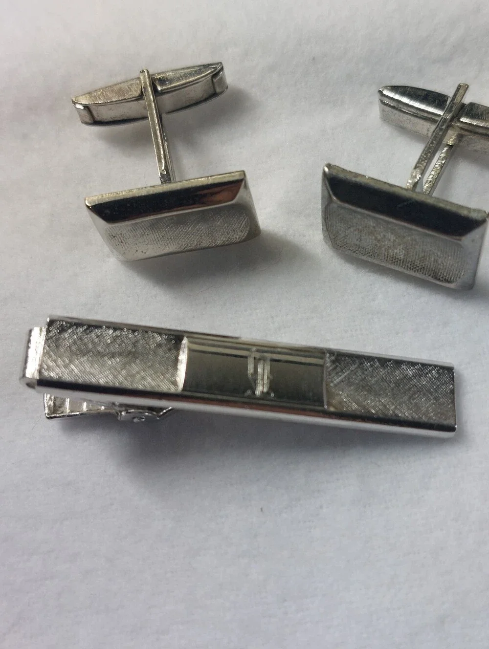 Coordinating Mid-Century Silvertone 3-pc. Tie Clip & Cufflink Set Estate Jewelry